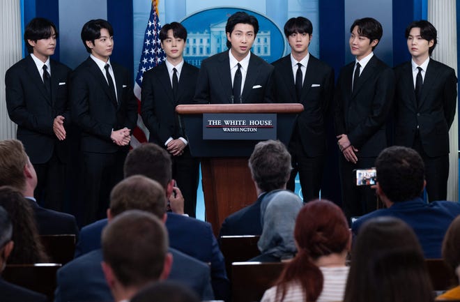BTS members RM speaks at the daily press briefing at the White House as they visit to discuss Asian inclusion, representation, anti-Asian hate crimes and discrimination.