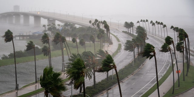 SARASOTA, FL - SEPTEMBER 28: Wind gusts blow across Sarasota Bay as Hurricane Ian churns to the south on September 28, 2022 in Sarasota, Florida. 